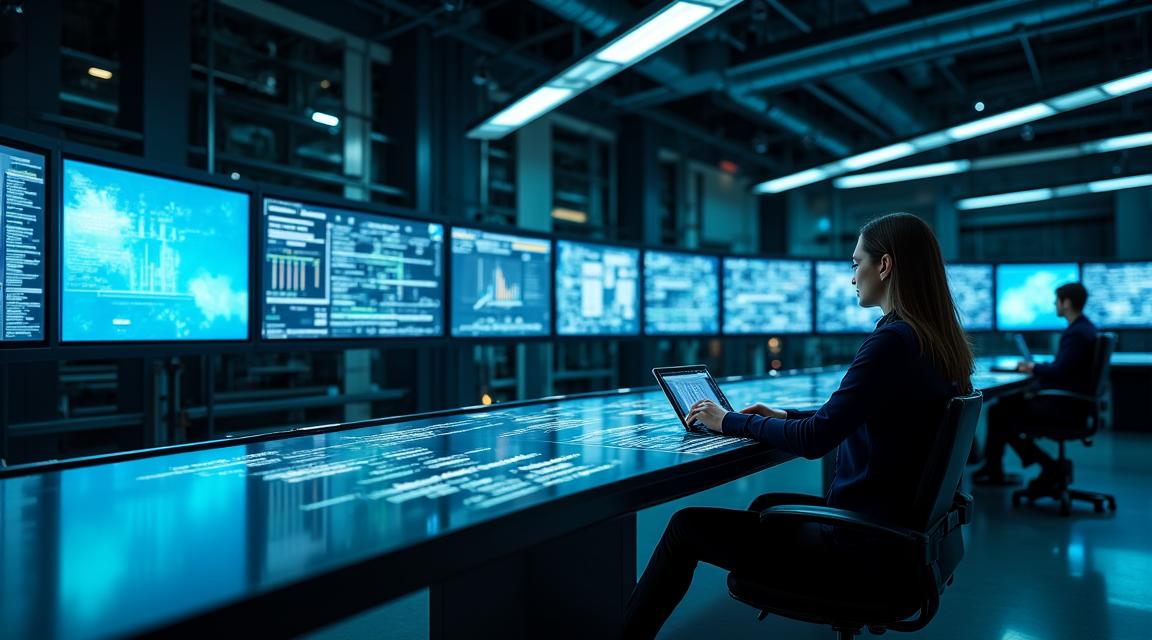 Panoramic view of an intelligent industrial dashboard showing real-time automation metrics