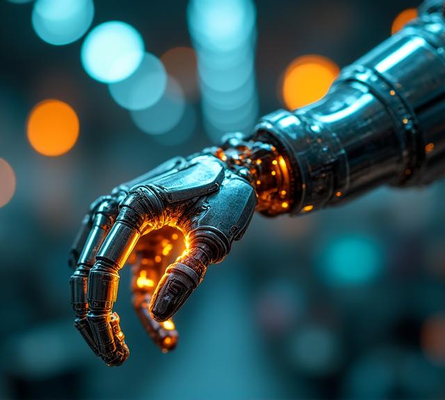 An industrial robotic arm being monitored by holographic diagnostic charts