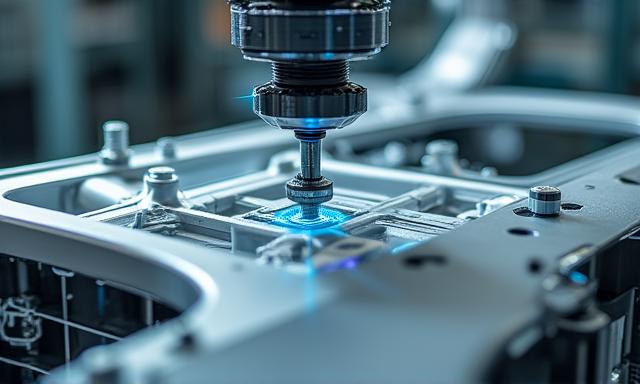 AI analyzing an electric car chassis on a production line